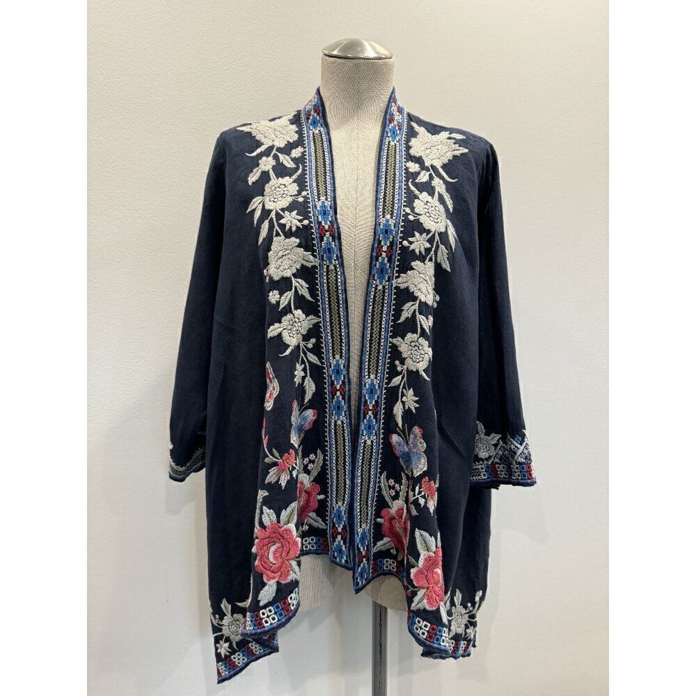Johnny Was Nwt Florence Linen Draped Cardigan In Navy Size L